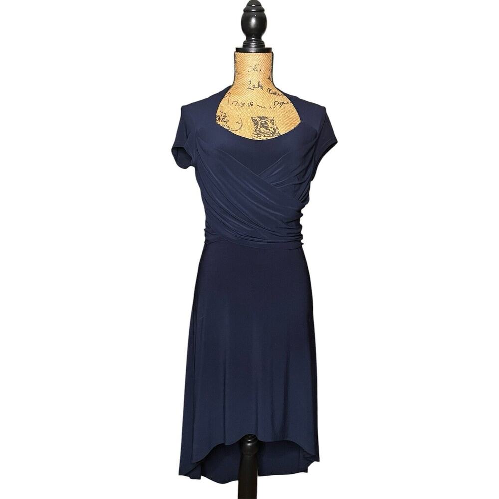 JOSEPH RIBKOFF DK NAVY BLUE STRETCH KNIT HIGH LOW DRESS SIZE 6 WRAPPED BODICE
